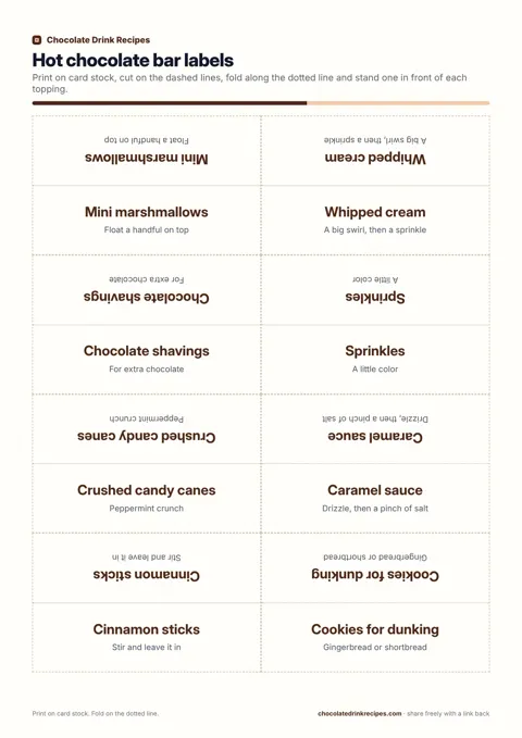 Hot chocolate bar topping labels